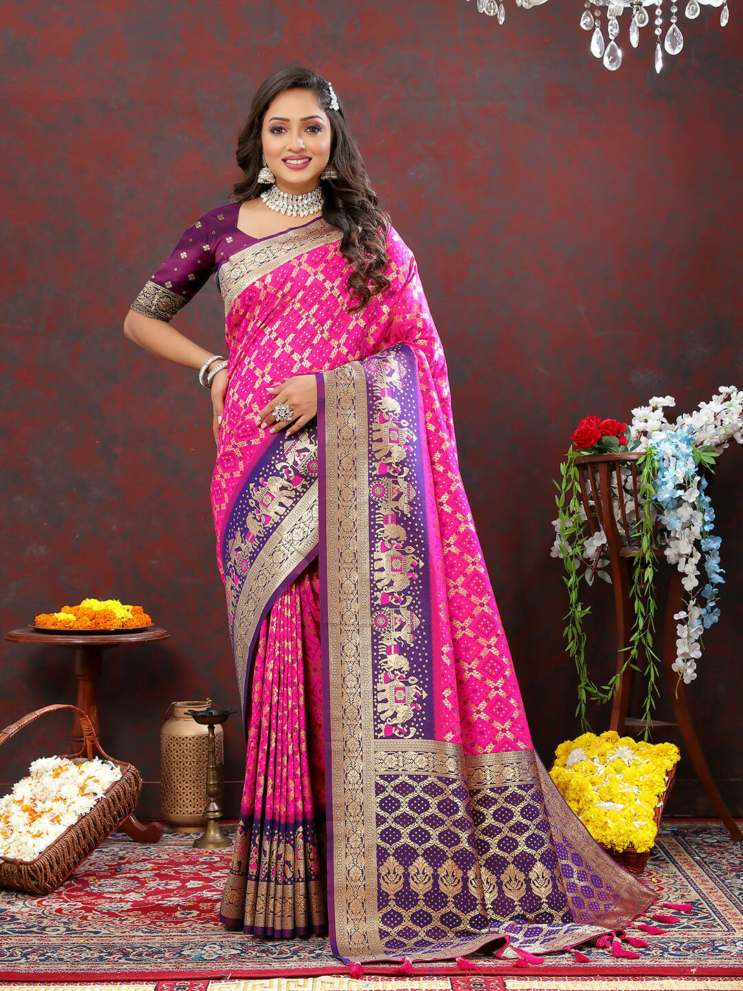 Lorenvalley Fashion Magenta & Wine Patola Silk Woven Design Meenakari Weaving Saree - Swadesiicart