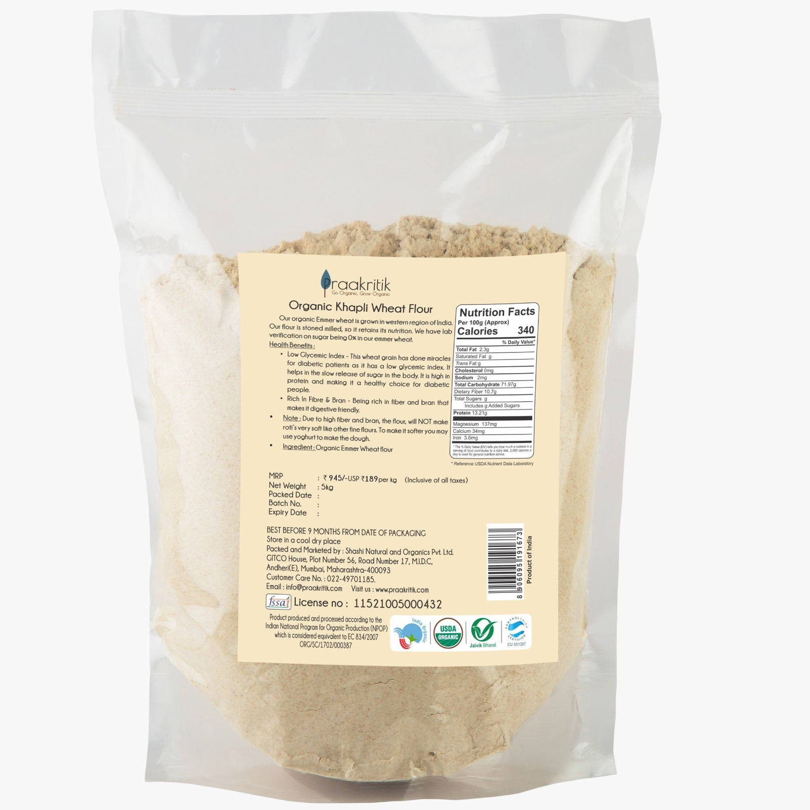 Praakritik Organic Khapli Wheat Atta - Swadesiicart
