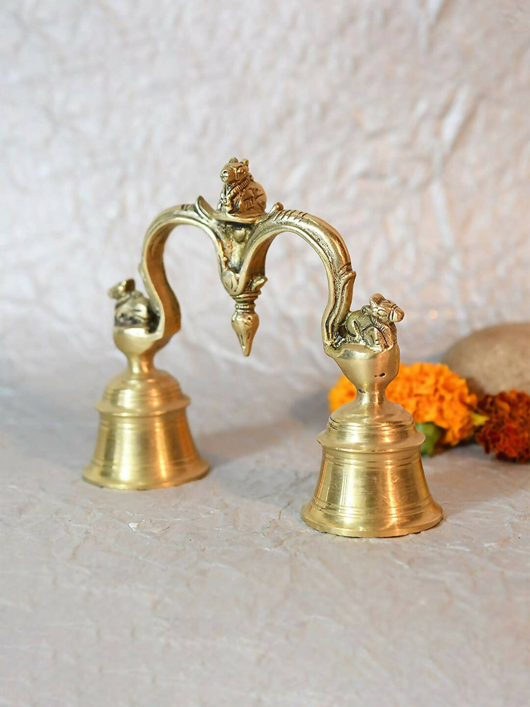 CraftVatika Gold-Toned Brass Hand Held With Nandi Sitting On Top Double Puja Bell | Swadesiicart