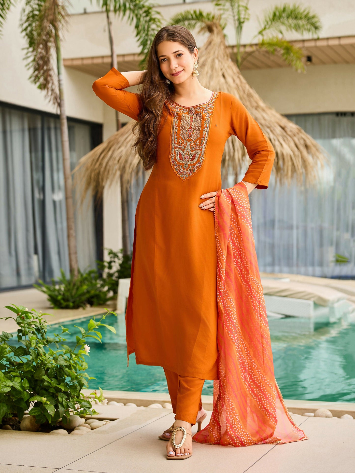 The52 Rust Women's Gorgeous Embroidered work Rayon Fabric Straight Kurta, Pant and Dupatta Set - Swadesiicart