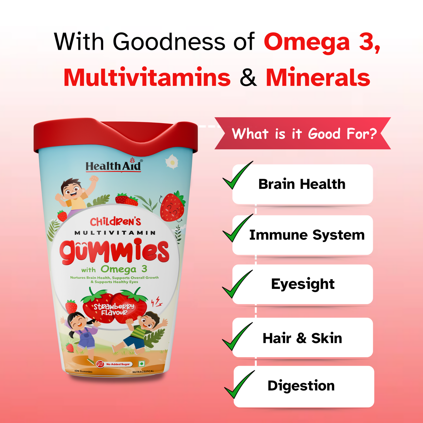 HealthAid Children's Multivitamin Gummies with Omega 3 Gummies - Strawberry Flavour - Swadesiicart