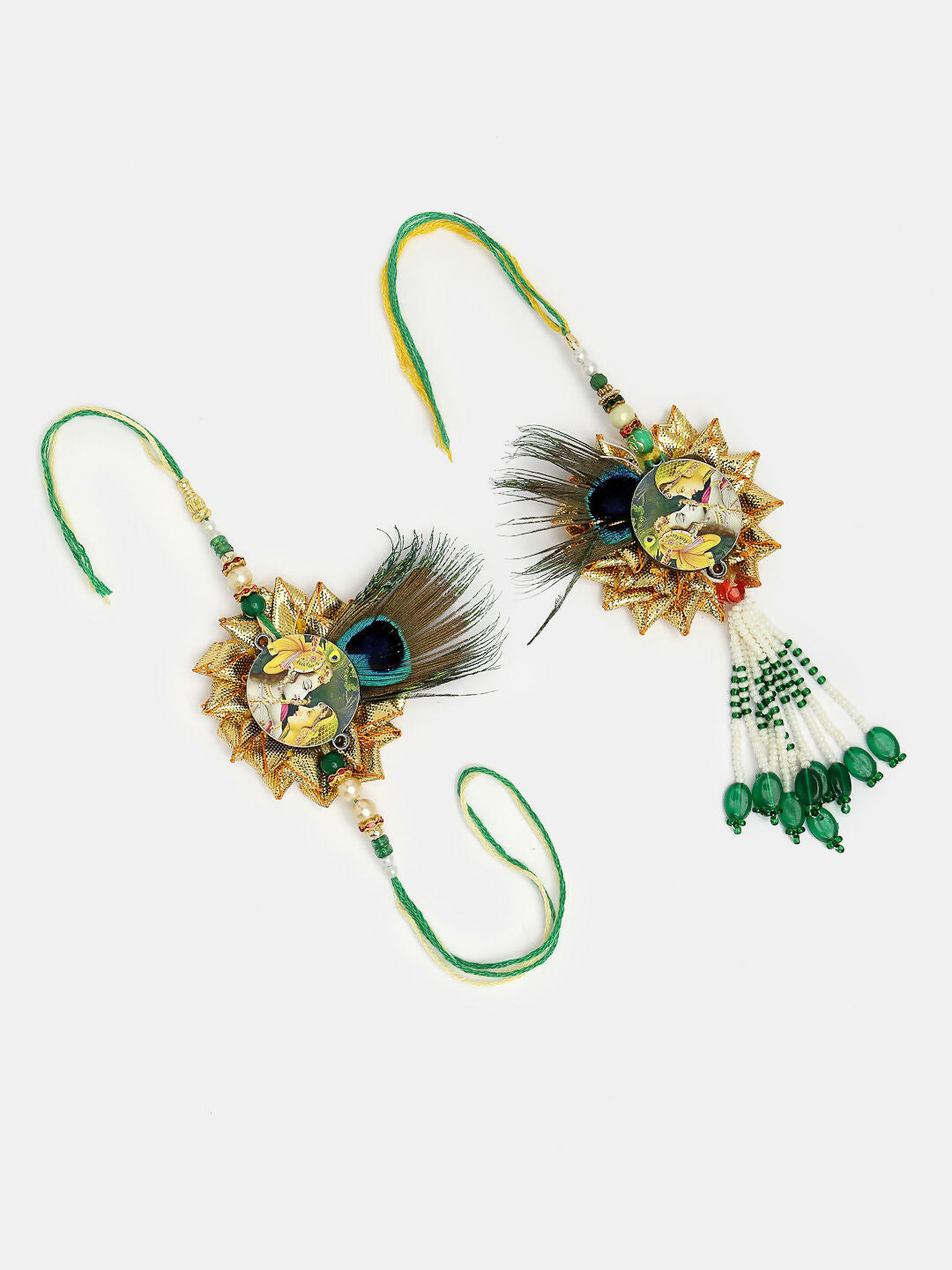 NVR Women & Men Set of 2 Green Radha Krishna Beaded Bhaiya Bhabhi Rakhi With Roli Chawal & Chocolate | Swadesiicart
