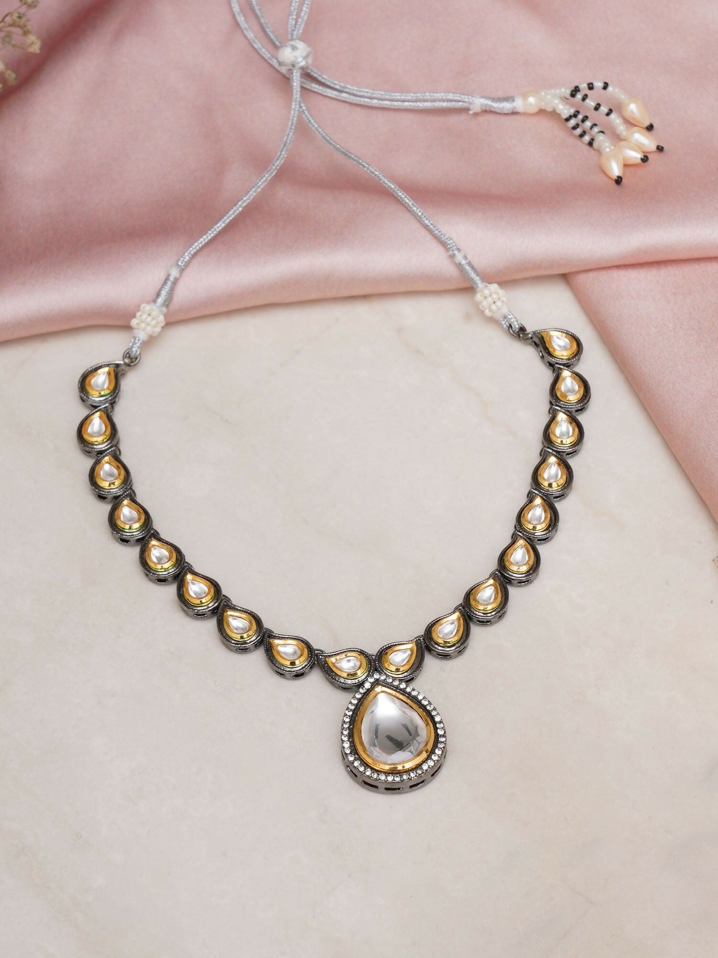 Dual Tone Kundan Neckpiece (silver) - Ruby Raang | Swadesiicart