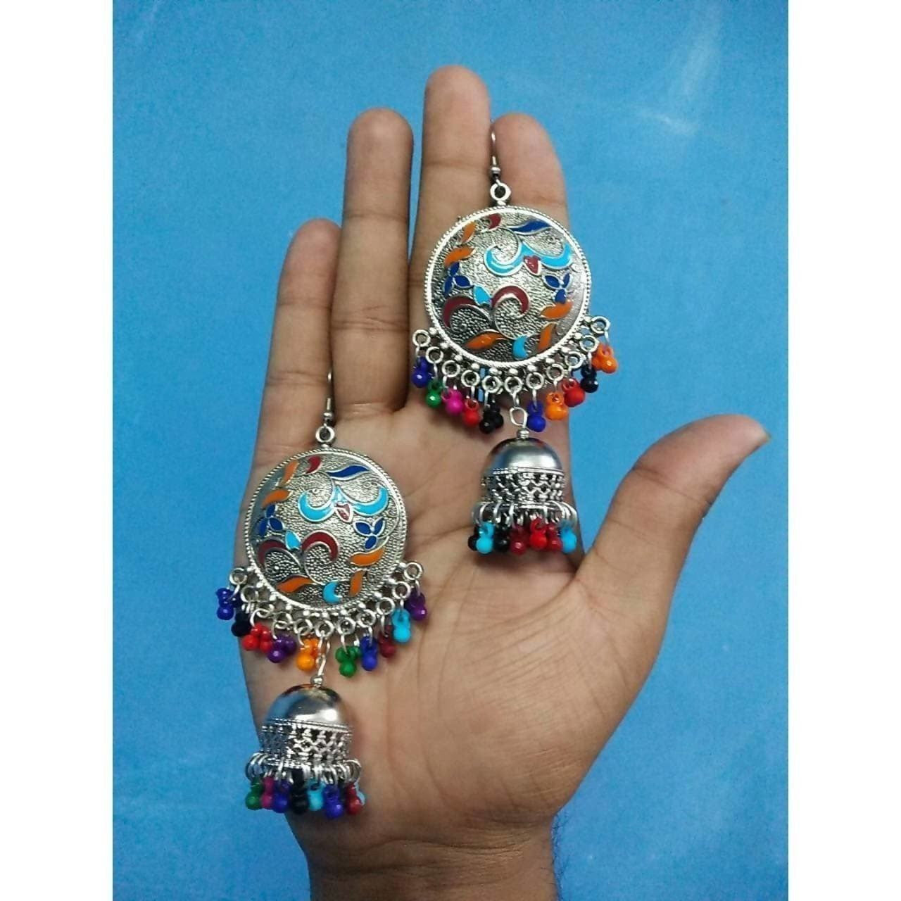 MS Fashion India Antique Design Multicolor Hanging Jhumkas With Pearls | Swadesiicart