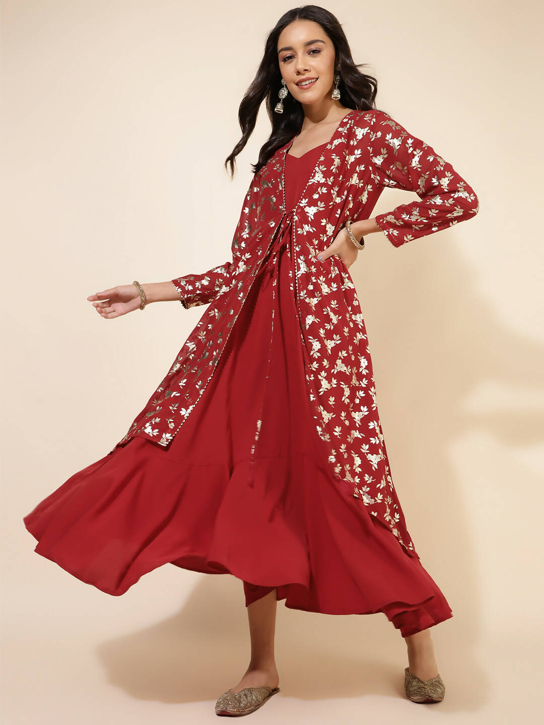 Janasya Women's Red Georgette Foil Printed Festive Flared Dress Set | Swadesiicart