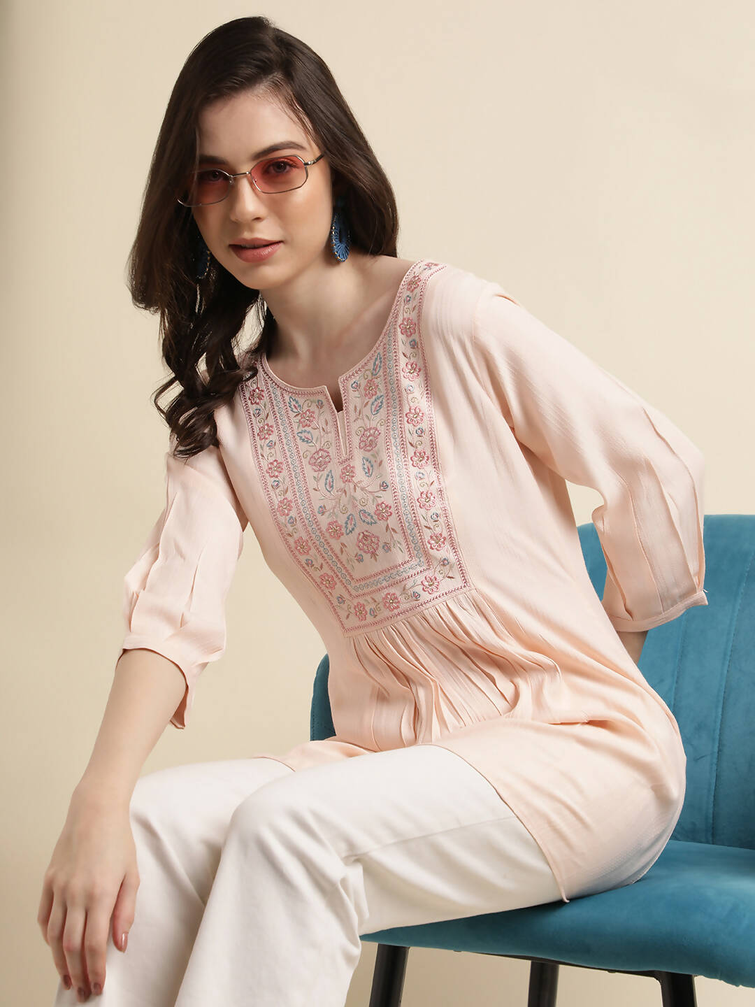 Peach Viscose Rayon Yoke Embroidered A-line Top - Tarini - Swadesiicart
