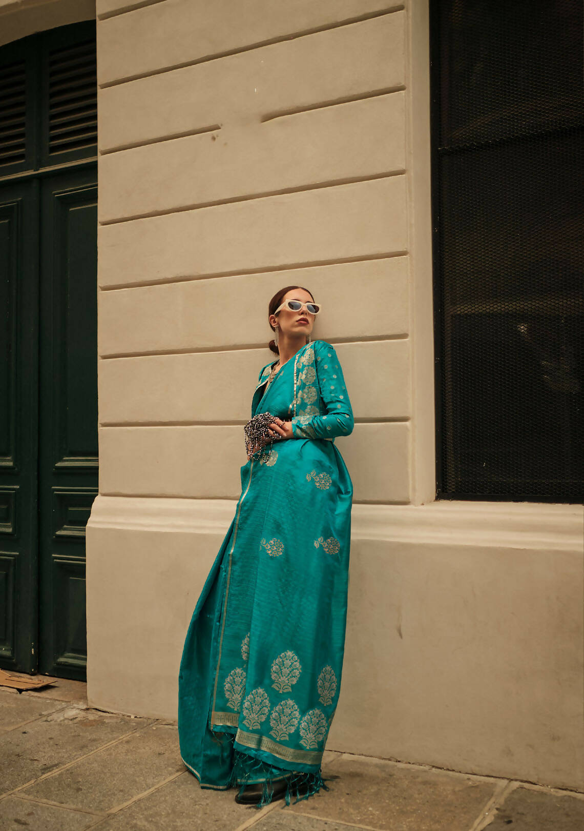 Pacific Blue Weavead Thread & Zari Work, Handloom Weaving Banarasi Satin Silk Saree - Rajtex Kronicle Silk - Swadesiicart