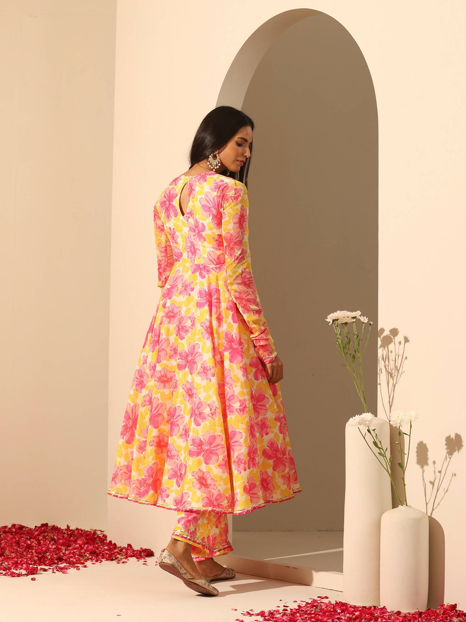 Pomcha Jaipur Yellow Gul Rangrez Angrakha Set | Swadesiicart