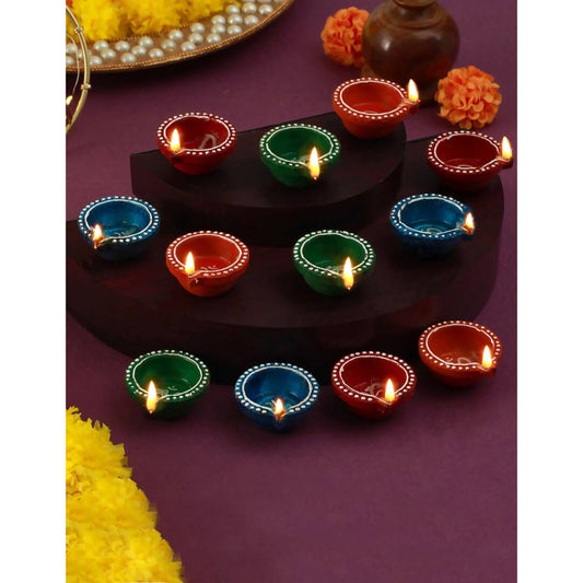 Tied Ribbons Red Blue Pack of 12 Handcrafted Terracotta Clay Oil Diya | Swadesiicart