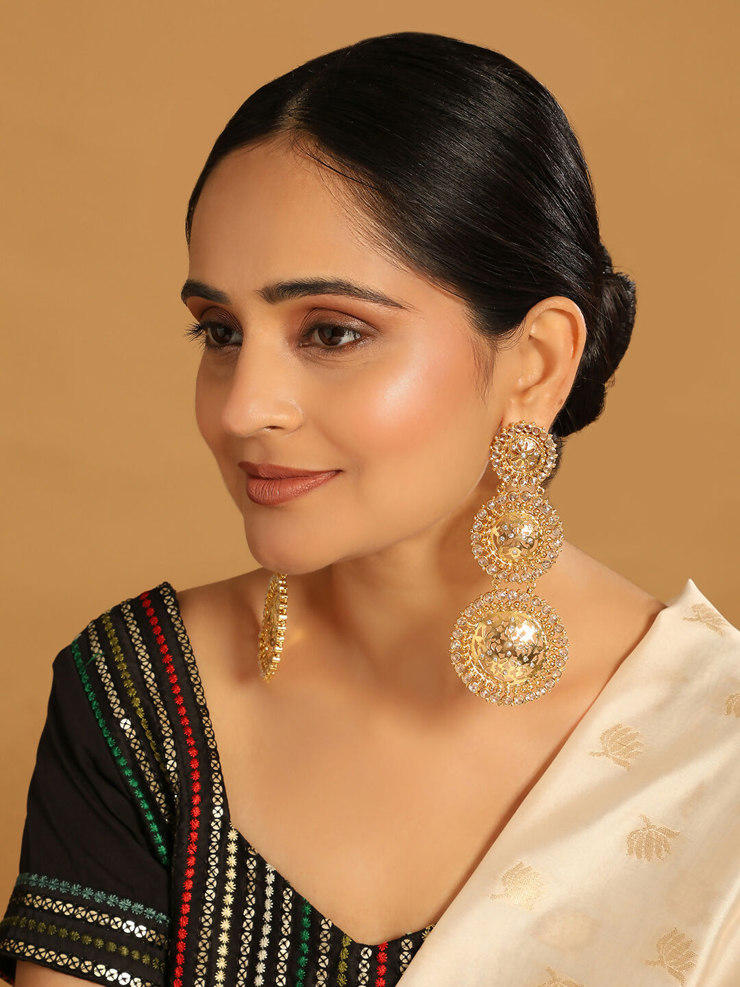 Nuyug 22K Gold Plated Stone Studded Contemporary Shaped Drop Earrings | Swadesiicart