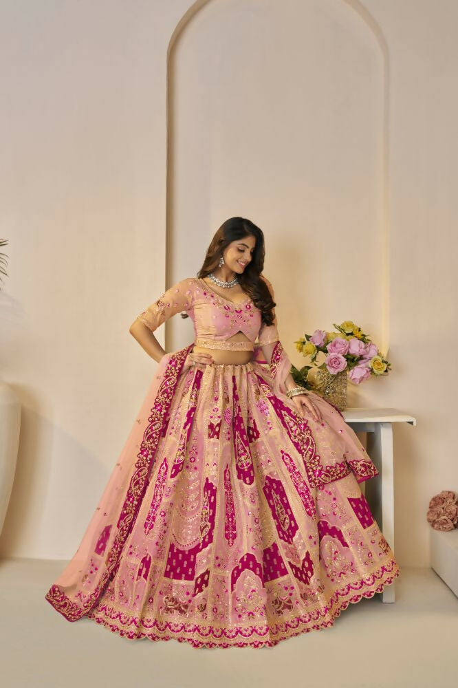 Kesar Fab Orange Banarasi Silk Embroidered Lehenga | Swadesiicart