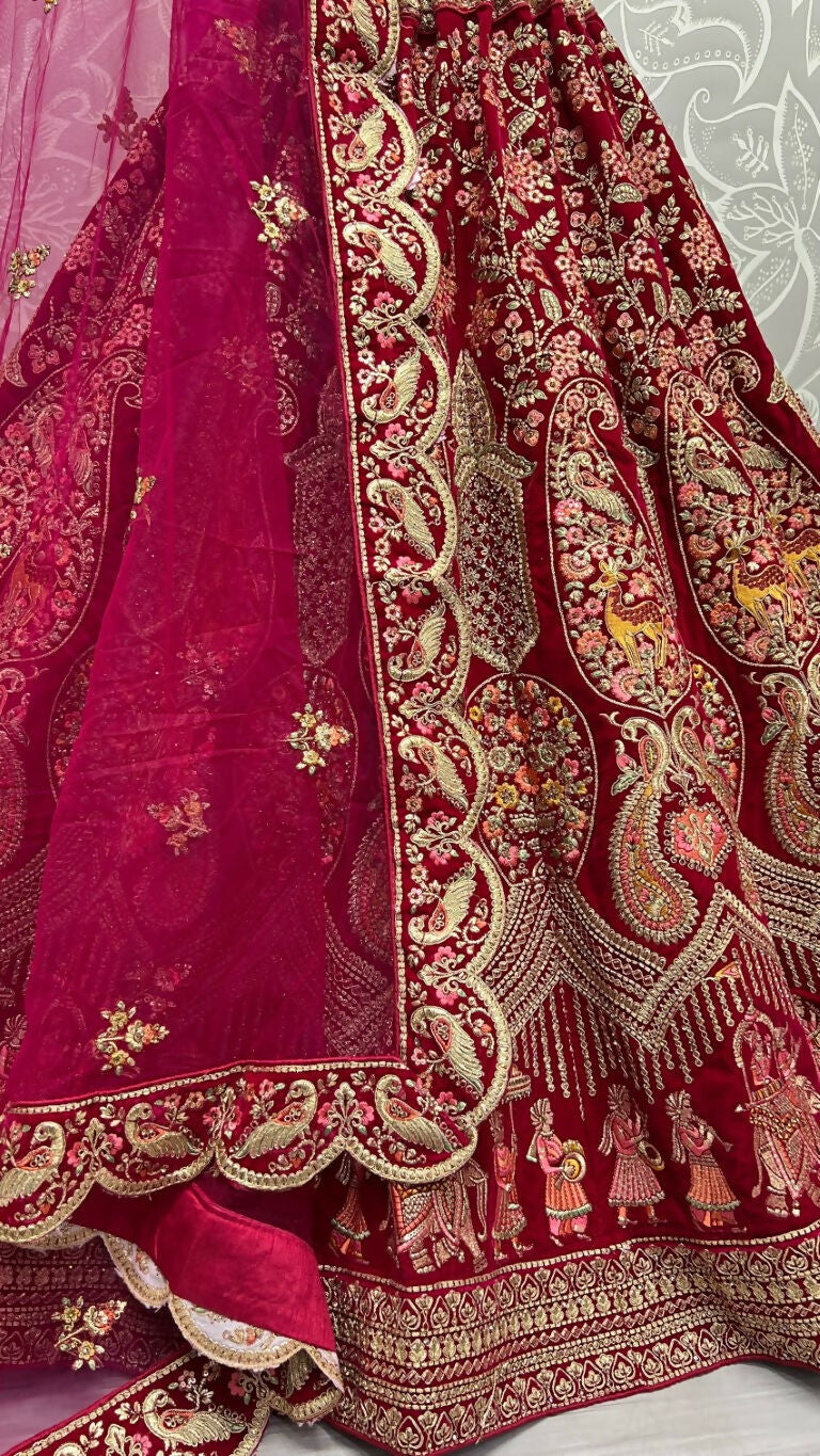 Jyoti Fashion Women's Rani Pink Velvet Multi Thread Embroidered with Zircon Diamond Work Wedding Lehenga Choli | Swadesiicart