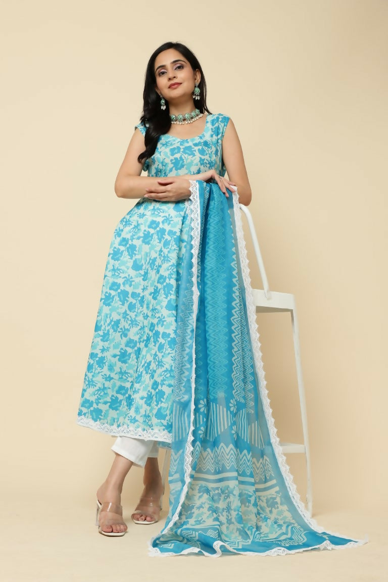 Designer Stylish Skyblue Cotton Blend Stitched Suit With Dupatta - Tanisha | Swadesiicart