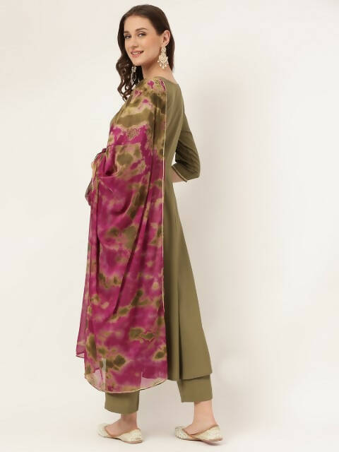 FIORRA Women's Olive Poly Crepe A-Line Kurta Pant With Dupatta - Swadesiicart
