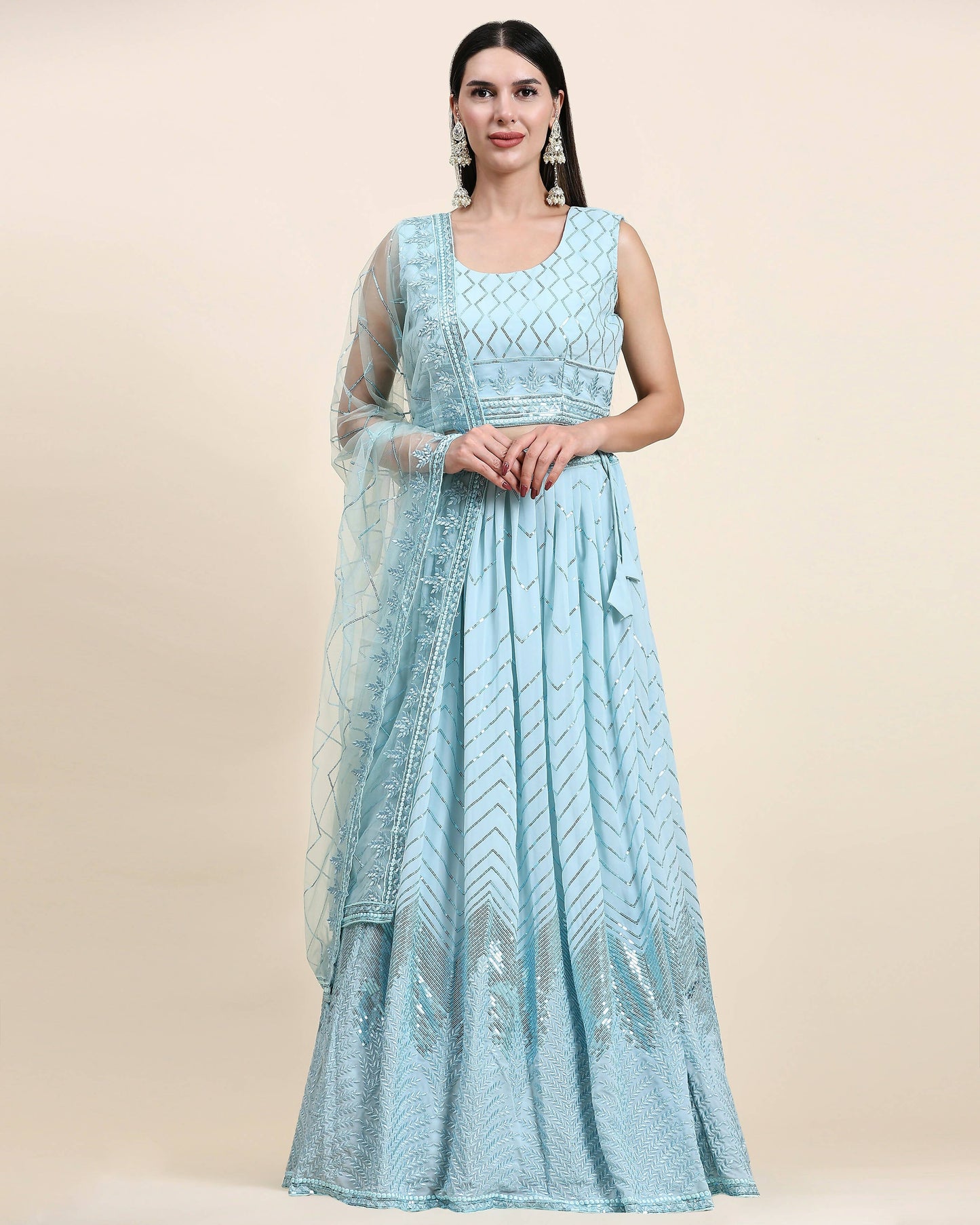 Blue Pure Viscose Georgette Sequence Embroidery work Lehenga Choli with Dupatta - Aakriti