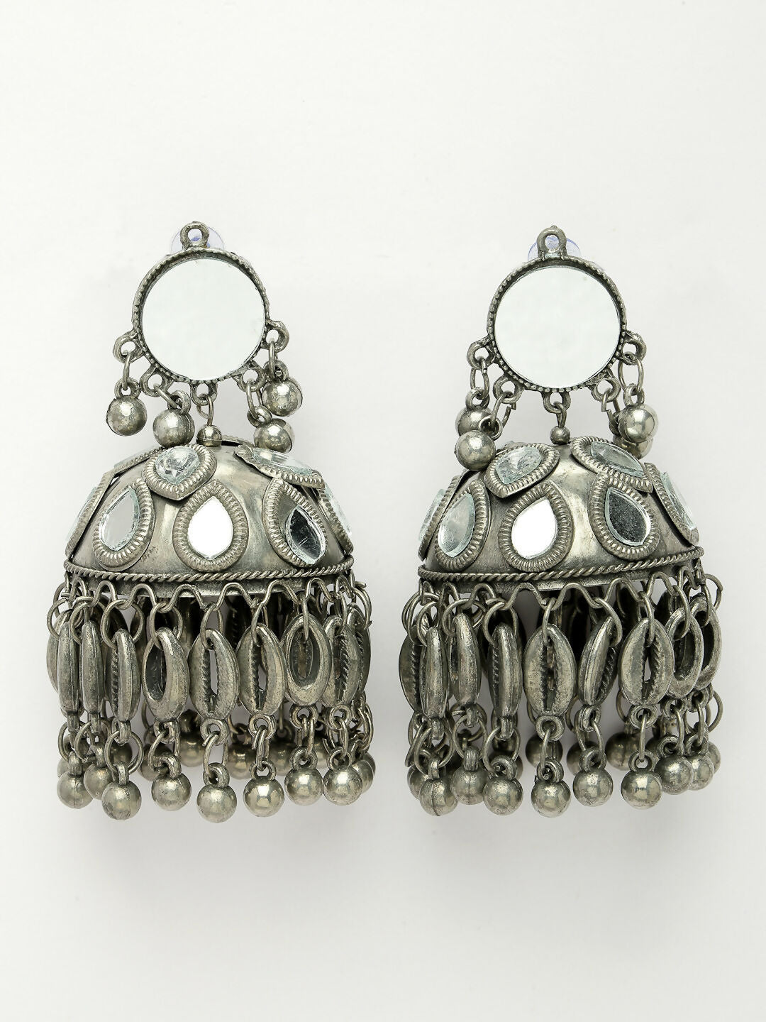 NVR Women's Silver Plated Mirror Work Oxidised Contemporary Jhumka Earrings | Swadesiicart