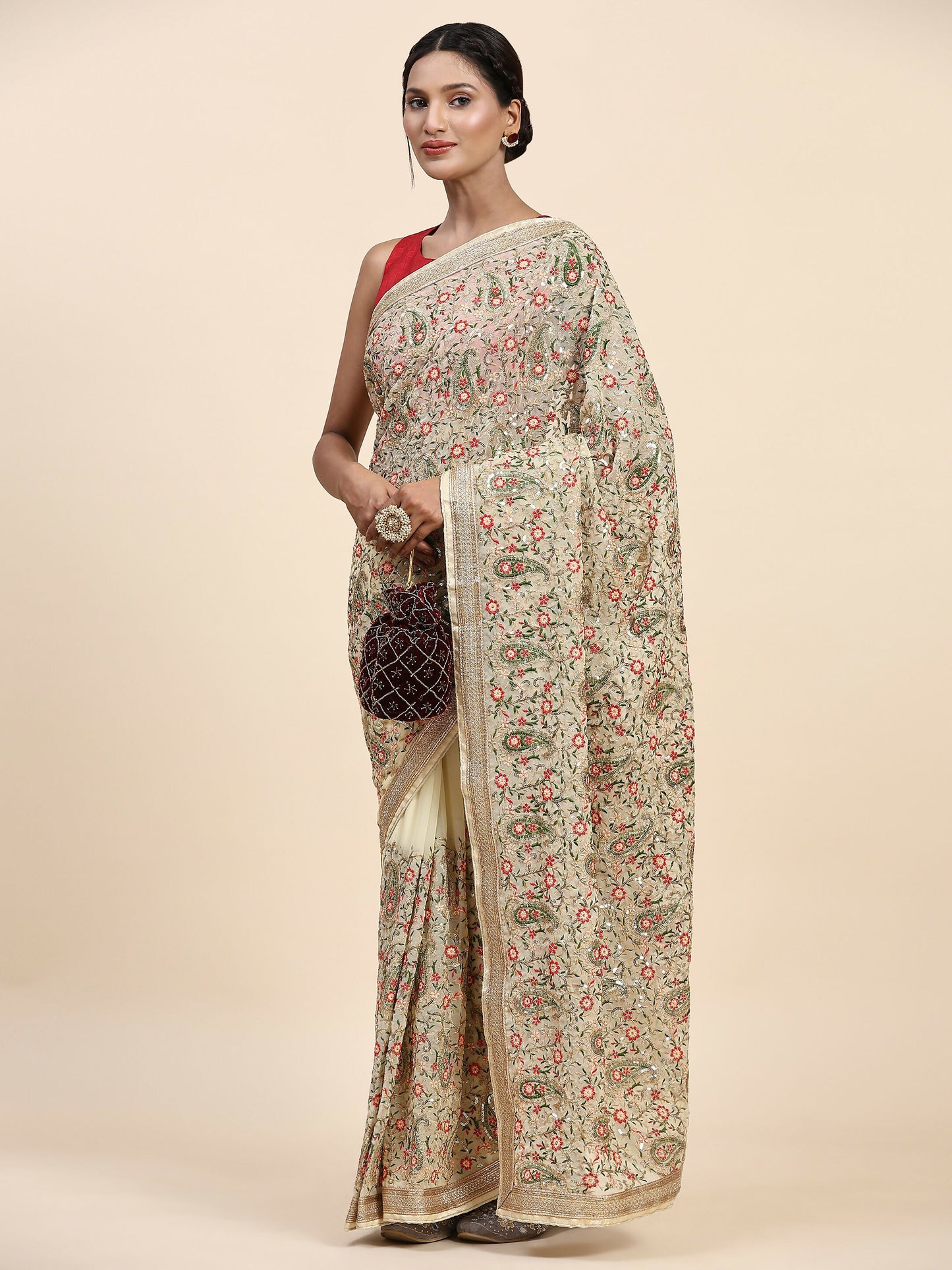 Vamsee Kamini Cream Georgette Saree - Swadesiicart