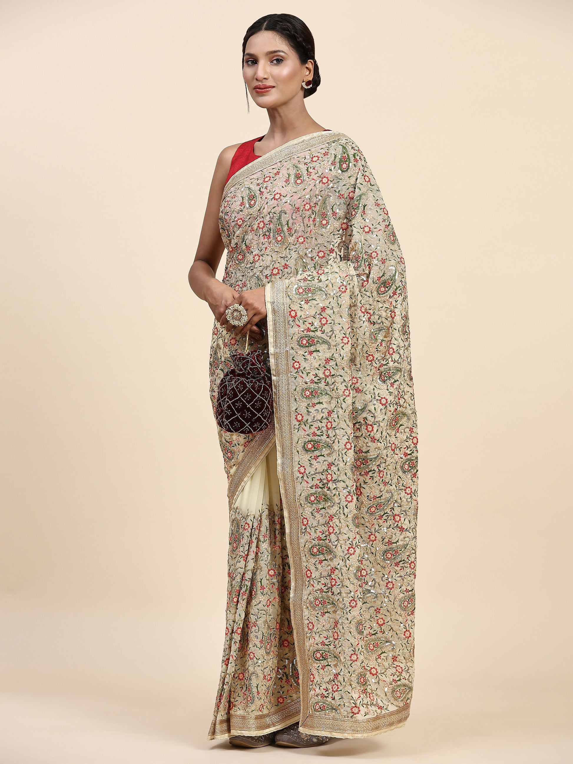Vamsee Kamini Cream Georgette Saree - Swadesiicart