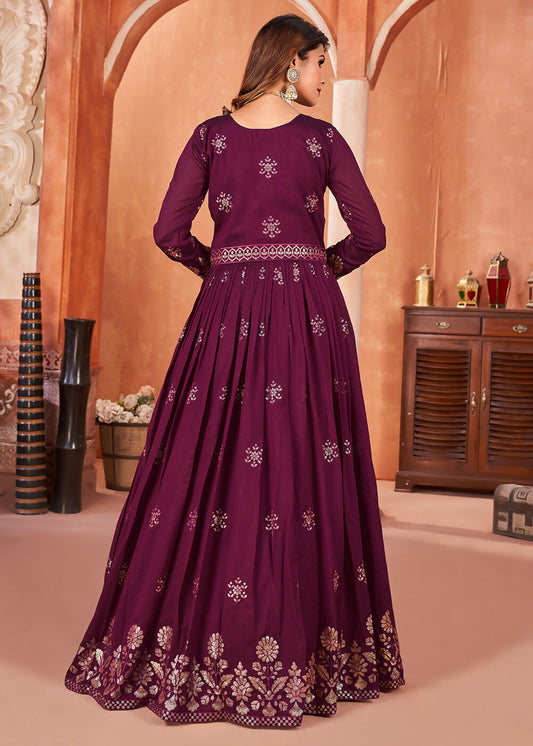 Wine Purple Festive Embroidered Art Silk Anarkali Suit - Emponline | Swadesiicart