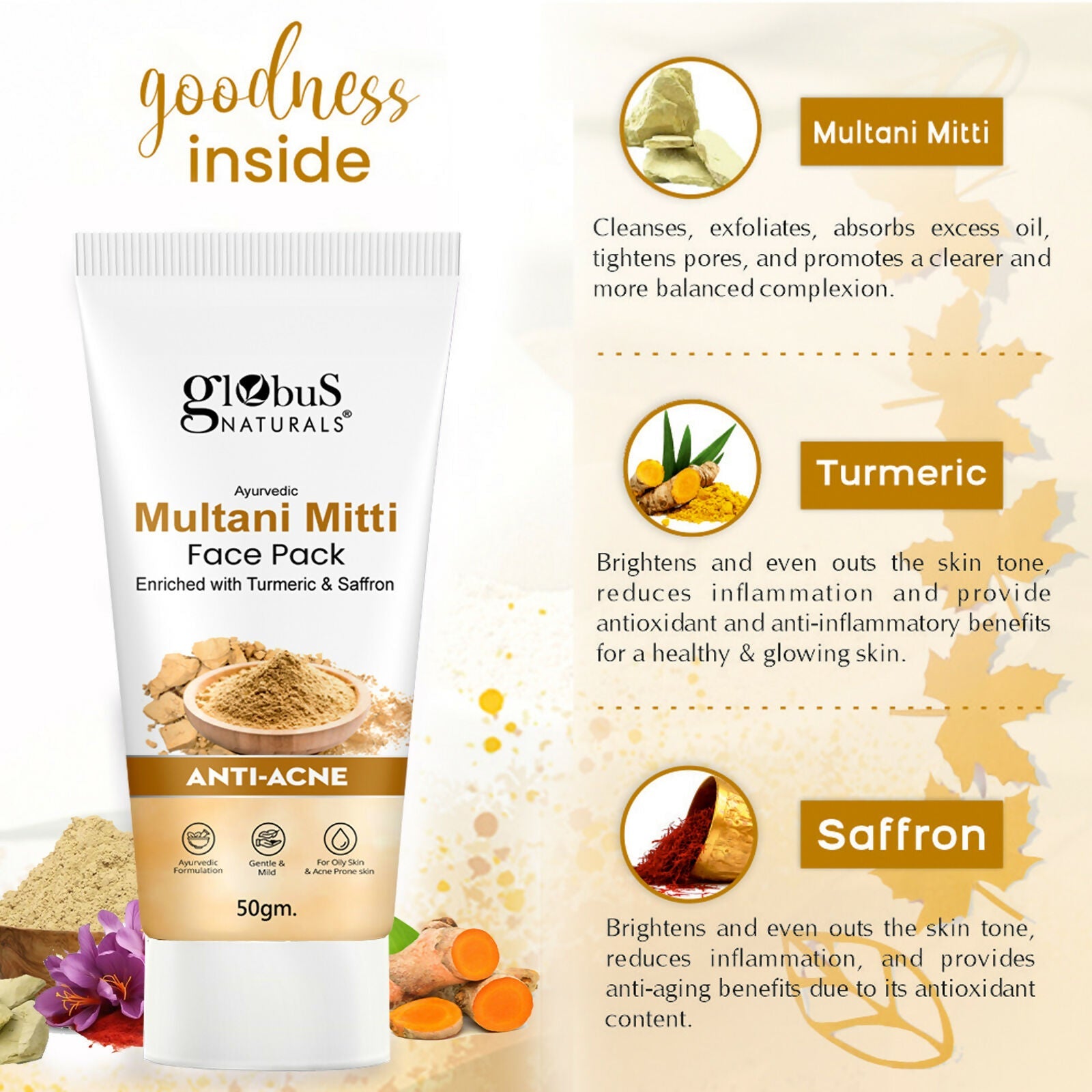 Globus Naturals Anti Acne Multani Mitti Face Pack, For Oily & Acne Prone Skin | Swadesiicart