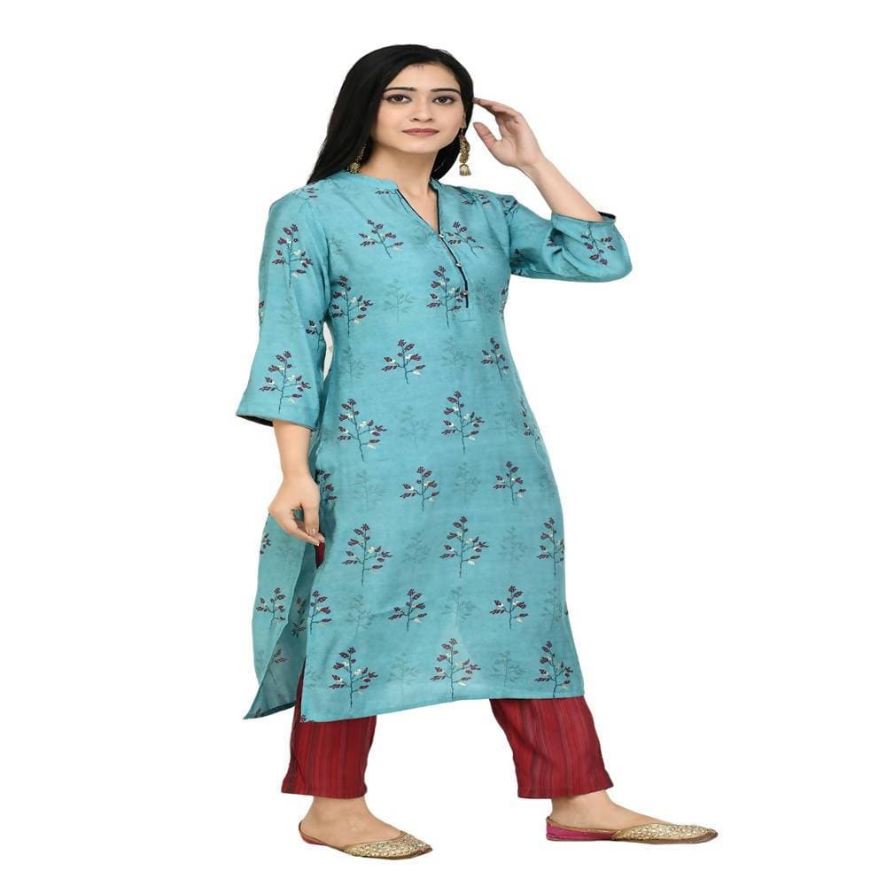 Lagi Women's Turquoise Blue Printed Straight Kurta & Pant (MC41A) | Swadesiicart