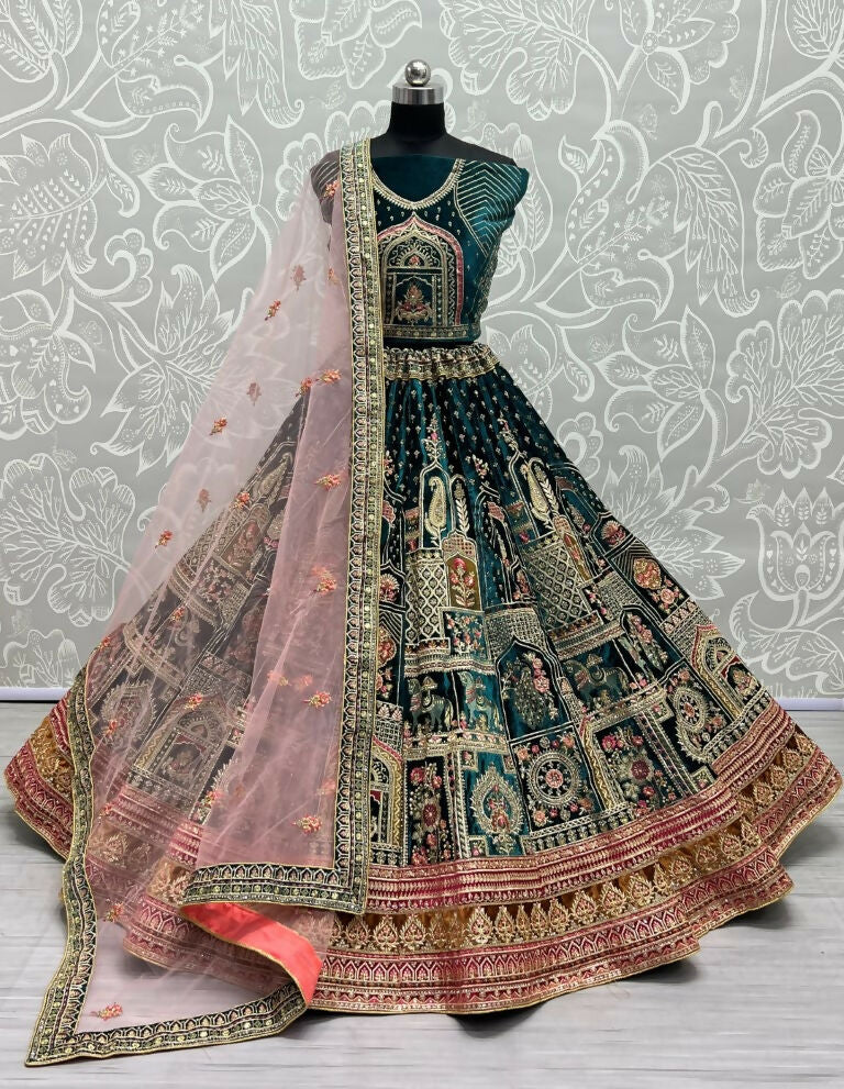 Jyoti Fashion Women's Teal Green Velvet Fancy Dori & Sequins with Multi Thread Embroidered with Diamond Work Wedding Lehenga Choli | Swadesiicart