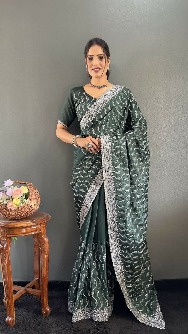 Vastranavya Sea Green Chinnon Silk Embroidery Multi Sequence & Arco Cut Work Ready to Wear Saree | Swadesiicart