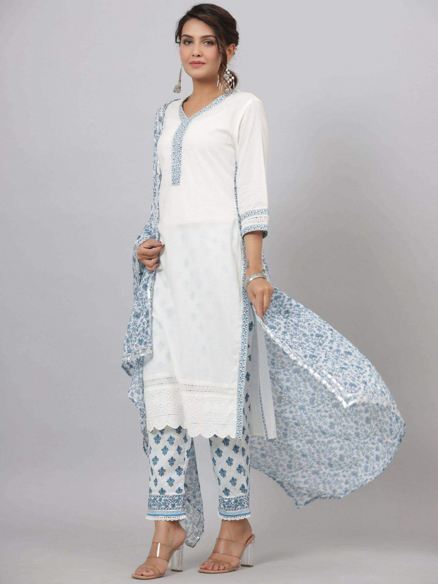 Juniper Women's White Cotton Cambric Solid Kurta Floral Printed Pant & Dupatta Set | Swadesiicart