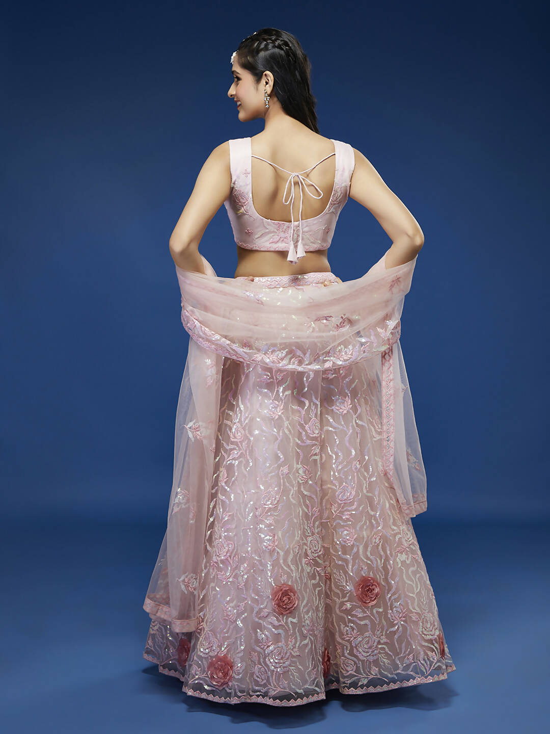 House of Panchhi Coral Net Sequinse Work Lehenga & Blouse, Dupatta | Swadesiicart