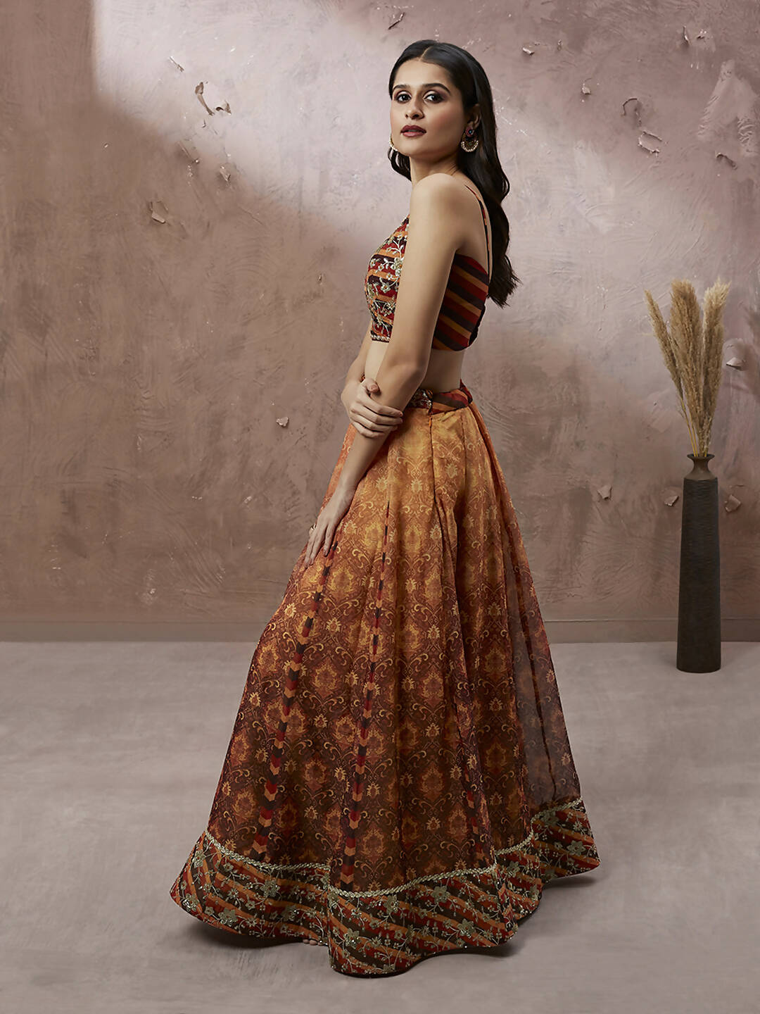 House of Panchhi Brown Organza Floral Print and sequinse work Lehenga choli & Dupatta | Swadesiicart