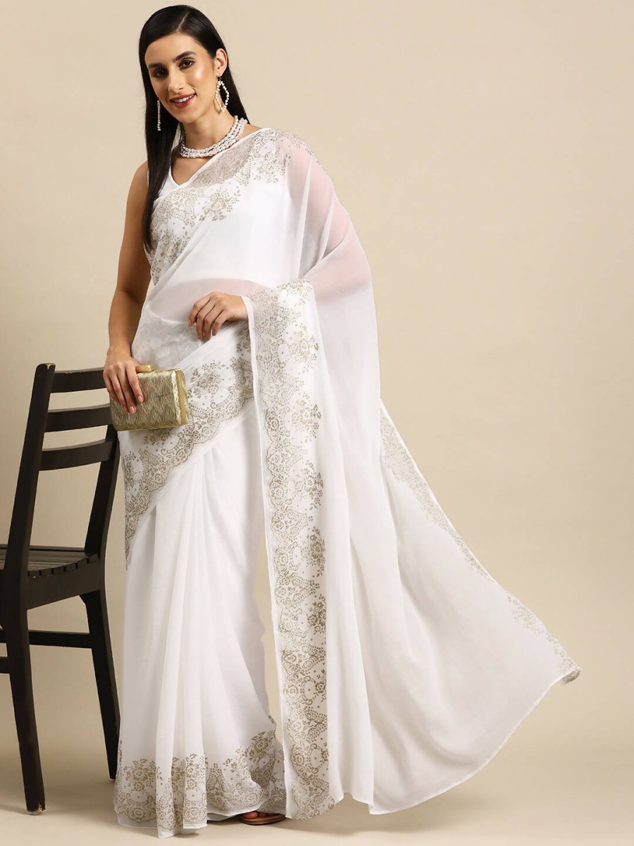 Ahalyaa Women's Traditional Semi Stitch Saree - White | Swadesiicart