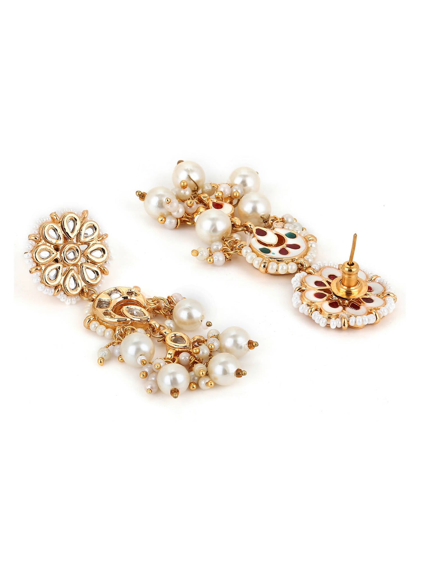 Gold-Toned White Pearl Beaded Contemporary Gold-Polished Jhumkas Earrings - Ruby Raang - Swadesiicart