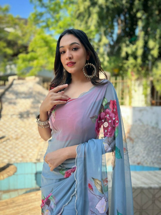 Vamsee Snehal Grey Georgette Saree - Swadesiicart