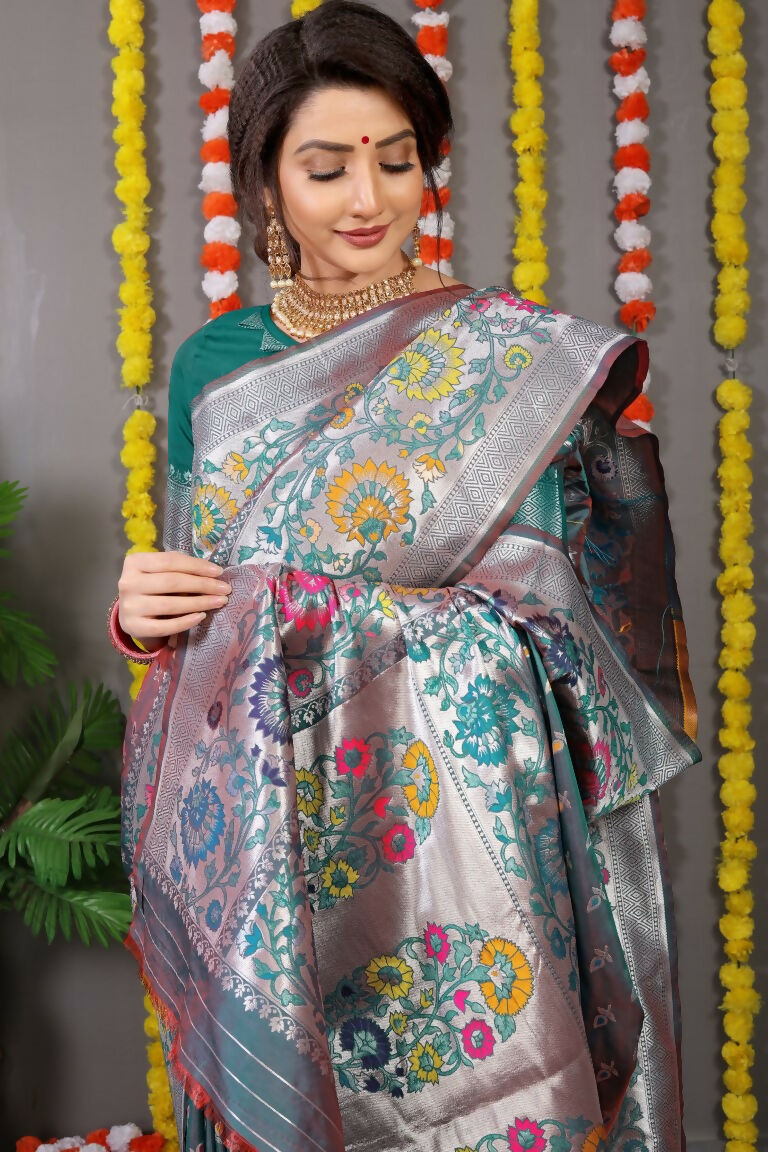 Jyoti Fashion Women's Bottle Green Banarasi Silk Zari Woven Saree with Blouse | Swadesiicart