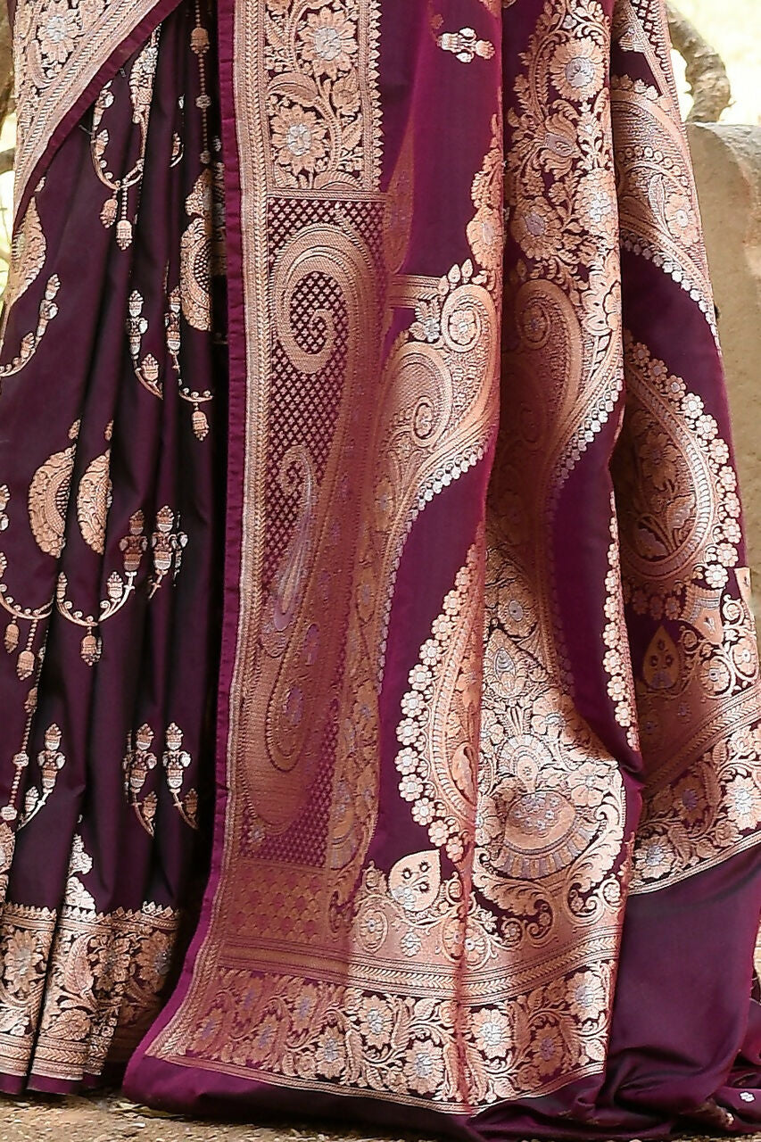 Joban Fashion Wine Banarasi Soft Pure Handloom Banarasi Silk Saree | Swadesiicart