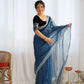 Attrctive Looking Gold Jari, Sequance Embroidery Work Twill Net Party Wear Saree - Teal