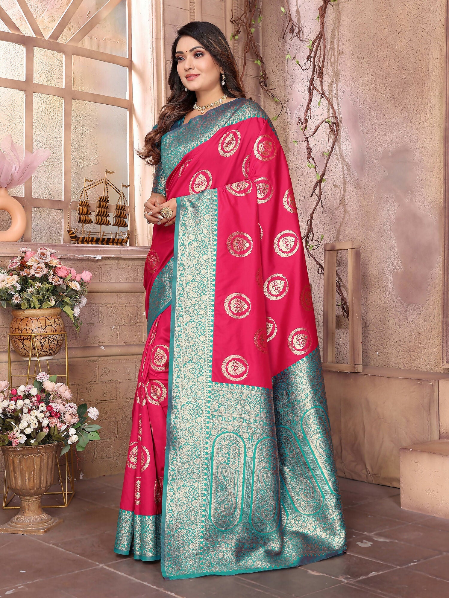 Joban Fashion Hot Pink Banarasi Soft Silk Woven Saree | Swadesiicart