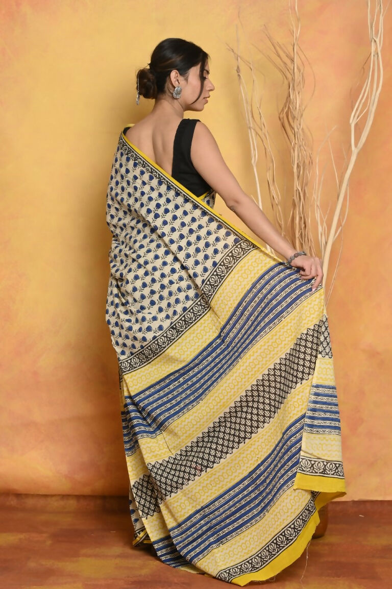 Very Much Indian Handblock Printed Cotton Saree With Natural Dyes - White | Swadesiicart