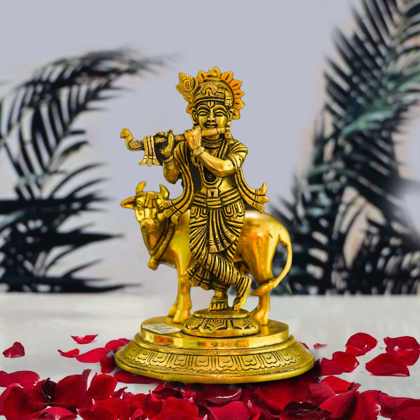 Gopala Krishna with Cow Brass Idol - Embrace Divine Abundance - Divine India Art