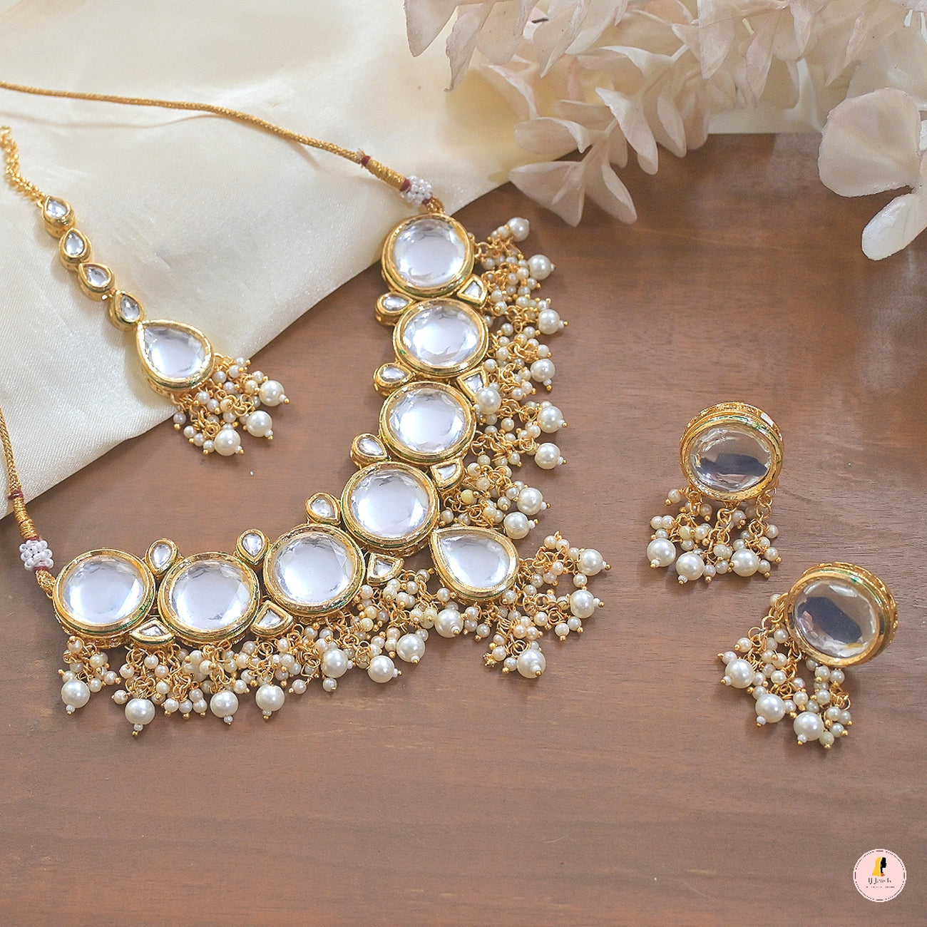 Jewel City Classic Gold-Plated Polki Choker Necklace with Pearl Clusters - Elegant Traditional Wedding Jewelry" | Swadesiicart