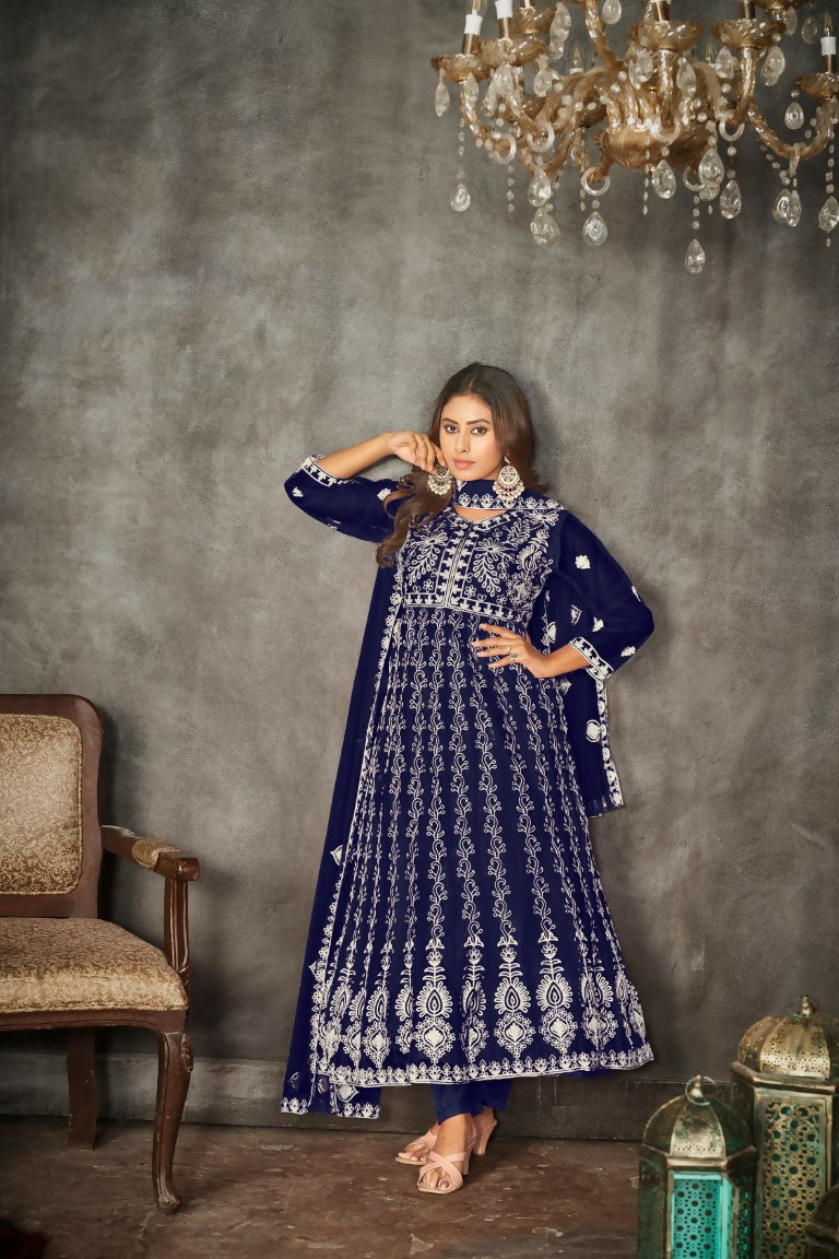 Jyoti Fashion Women's Blue Net Embroidered Anarkali Kurta Pant Set With Dupatta | Swadesiicart