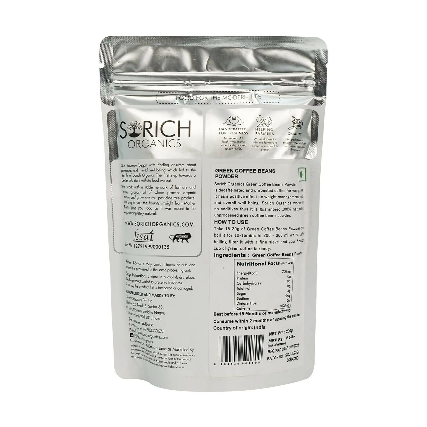 Sorich Organics 100% Pure & Natural Green Coffee Beans Powder | Swadesiicart