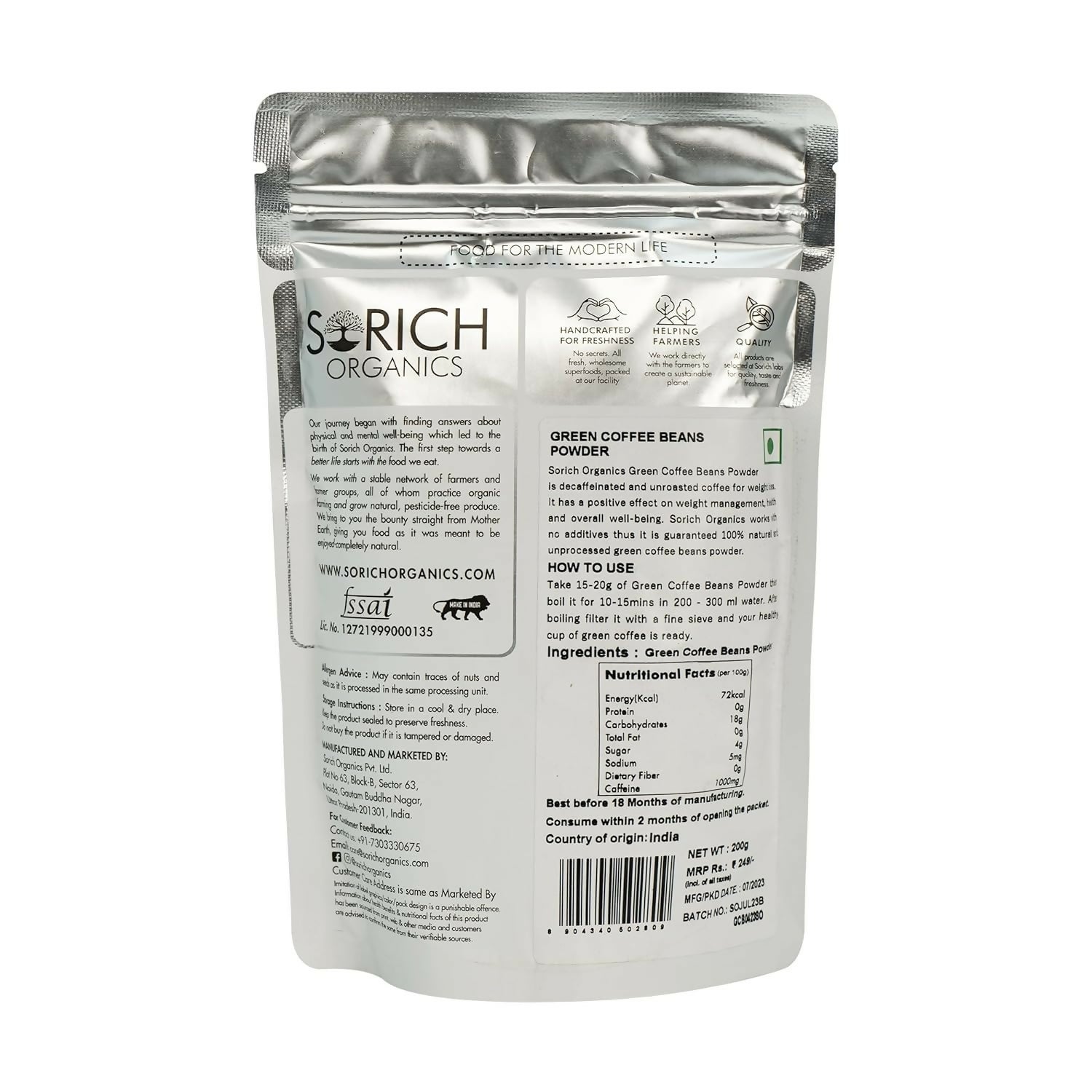 Sorich Organics 100% Pure & Natural Green Coffee Beans Powder | Swadesiicart