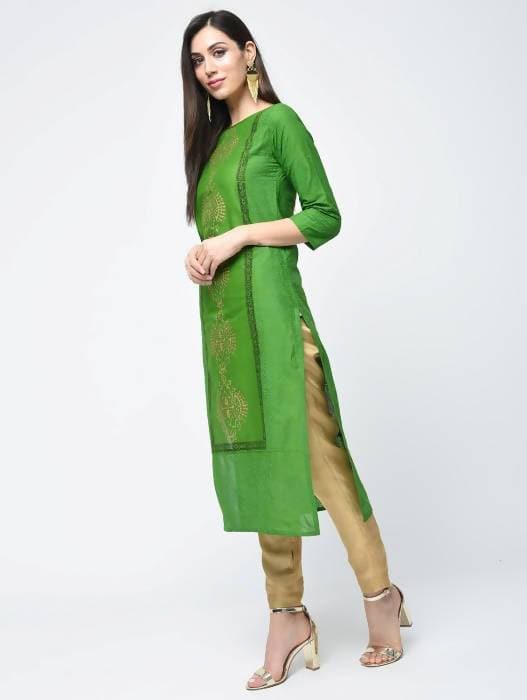 Aniyah Cotton Block Printed Green Color Straight Kurta (AN-129K) - Swadesiicart