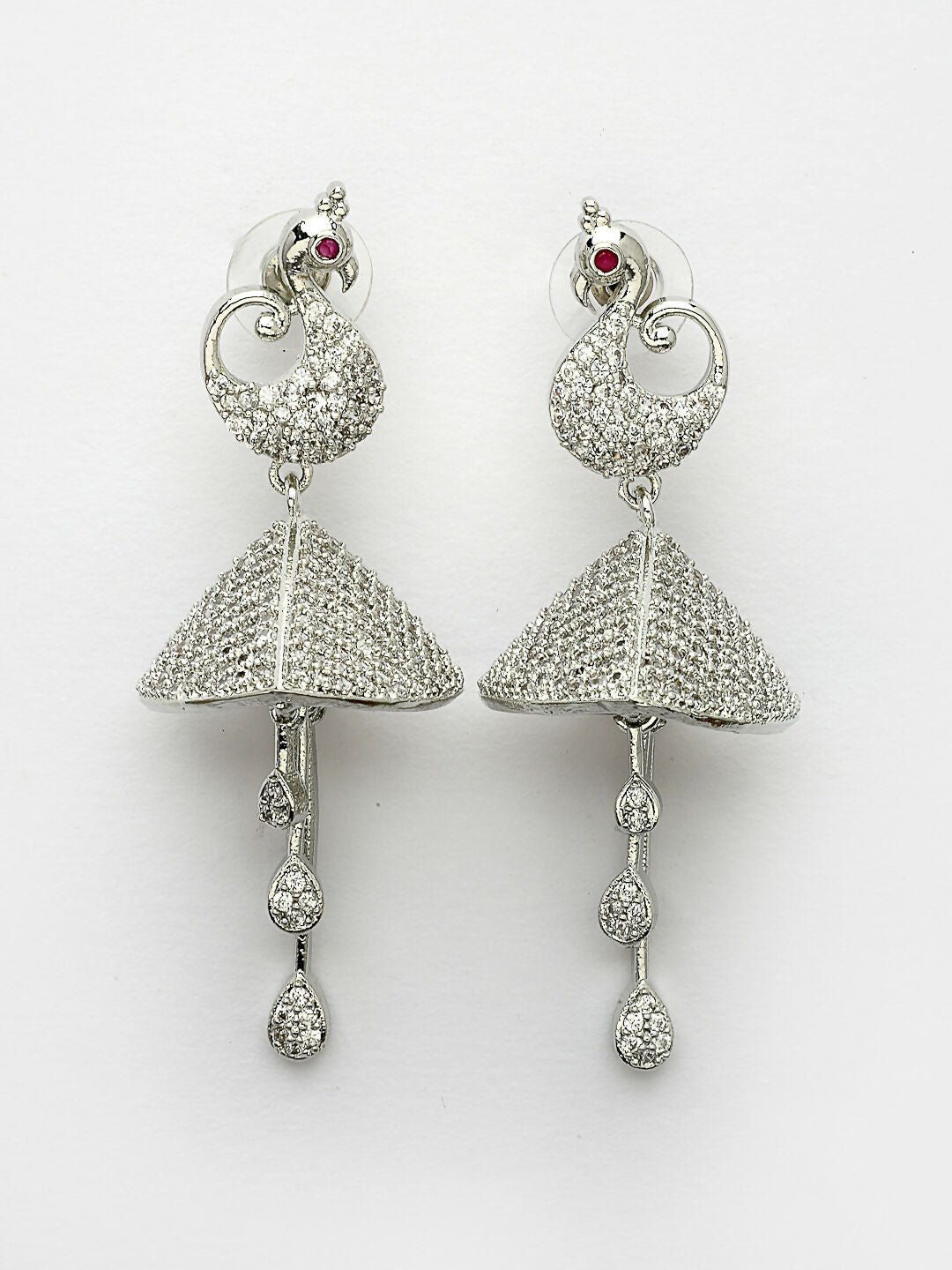 NVR Wome's Silver-Plated AD- Studded Peacock-Shaped Drop Earrings | Swadesiicart