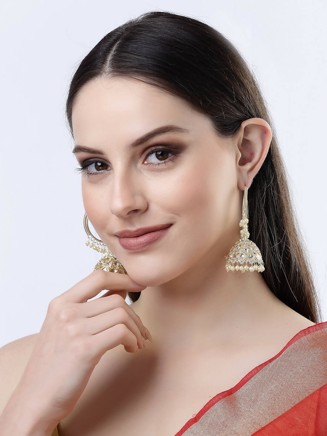 NVR Women Gold-Polished Handcrafted Kundan Jhumka Earrings | Swadesiicart