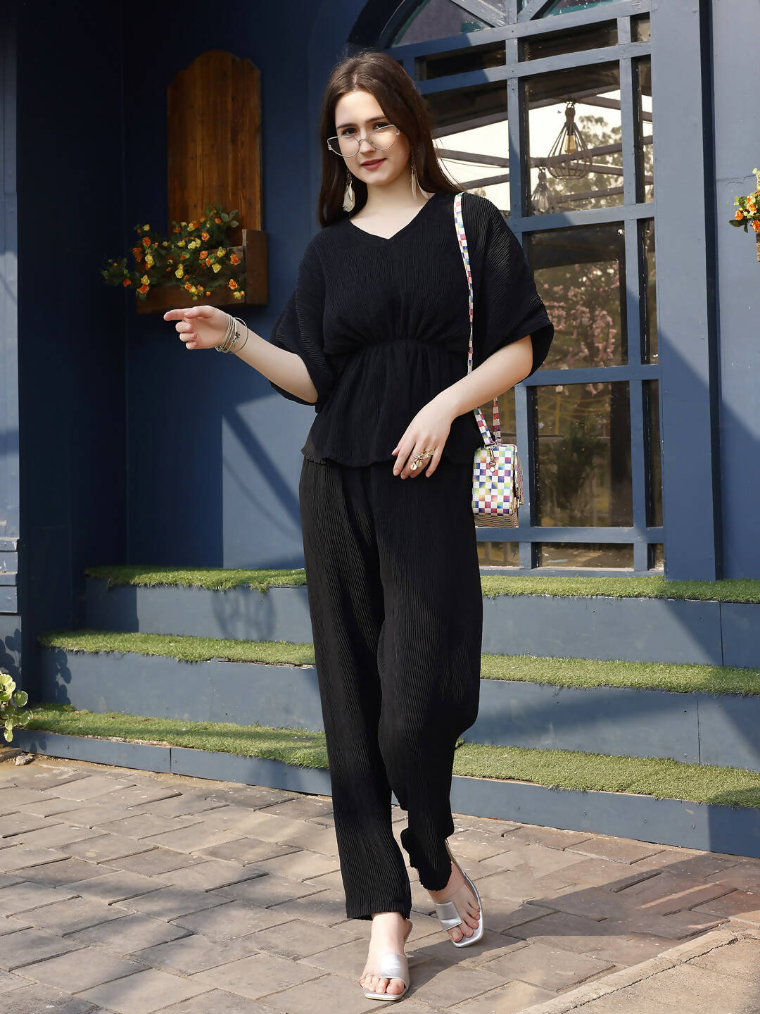 Black Crush Plain Top with Matching Bottom - Eesha - Swadesiicart
