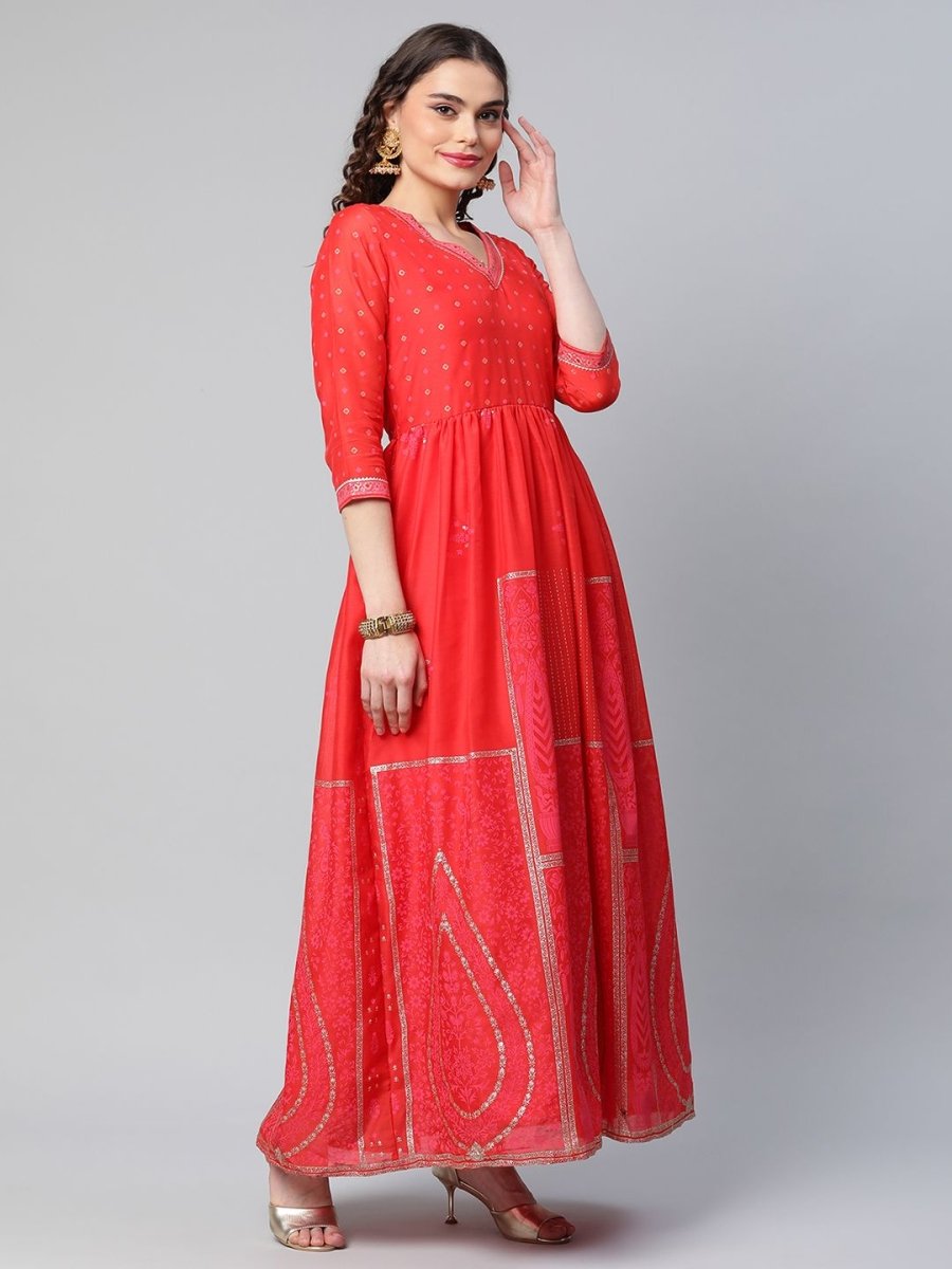 Ahalyaa Women Red Chanderi Khari Printed Dress | Swadesiicart