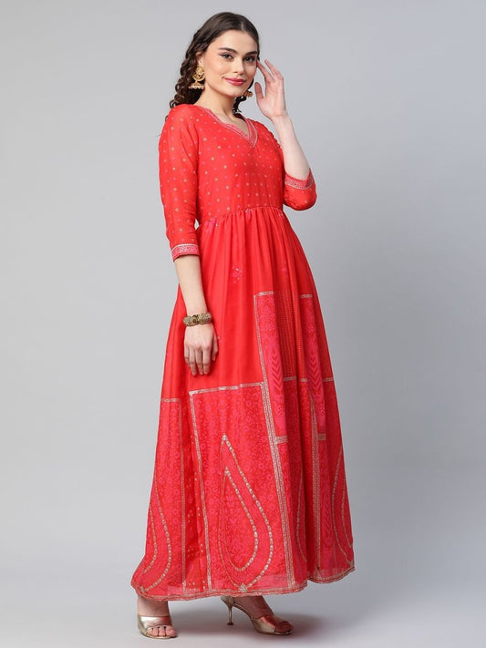 Ahalyaa Women Red Chanderi Khari Printed Dress | Swadesiicart
