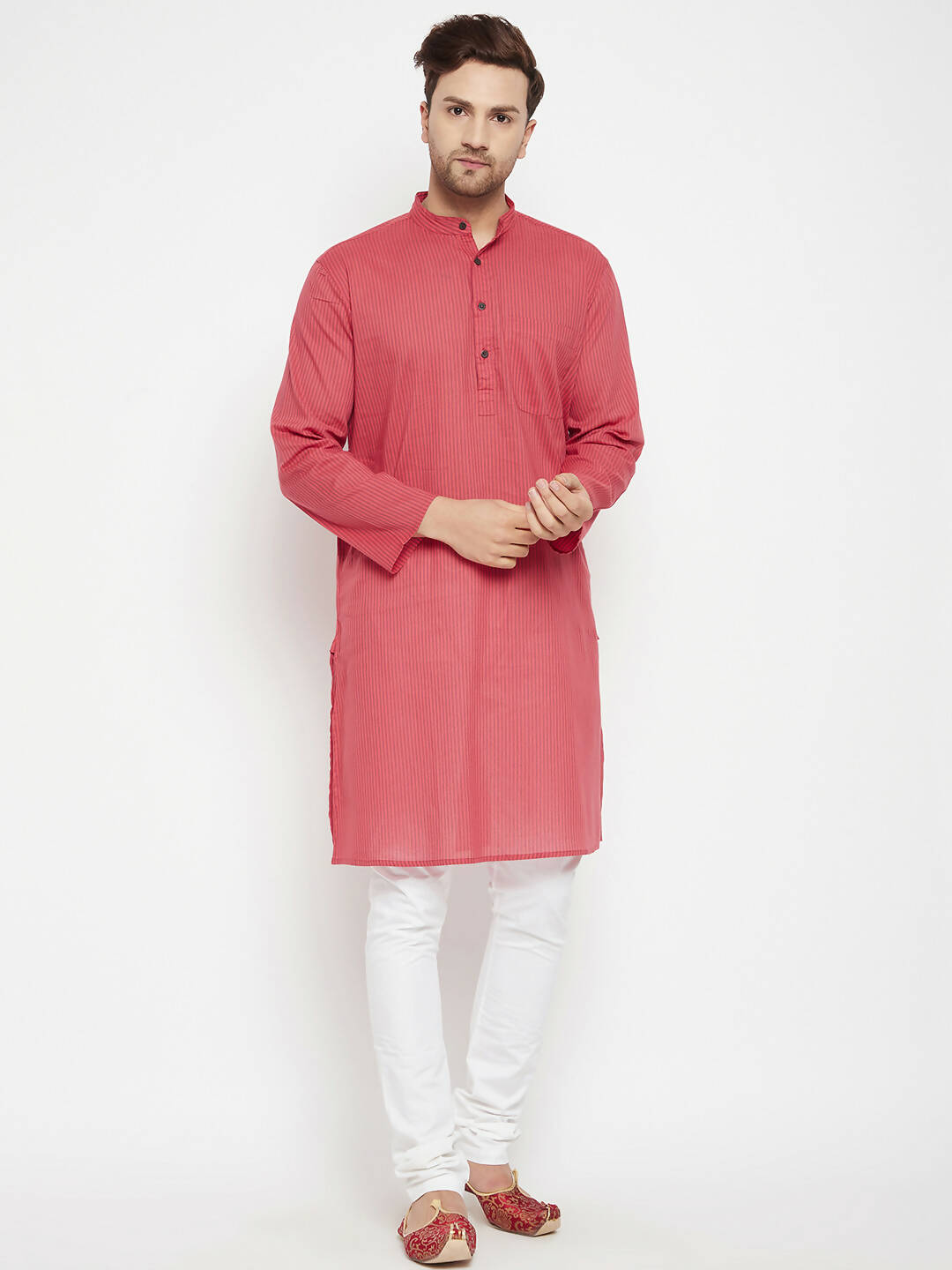 Even Apparels Rust Pure Cotton Long Men's Kurta With Band Collar | Swadesiicart